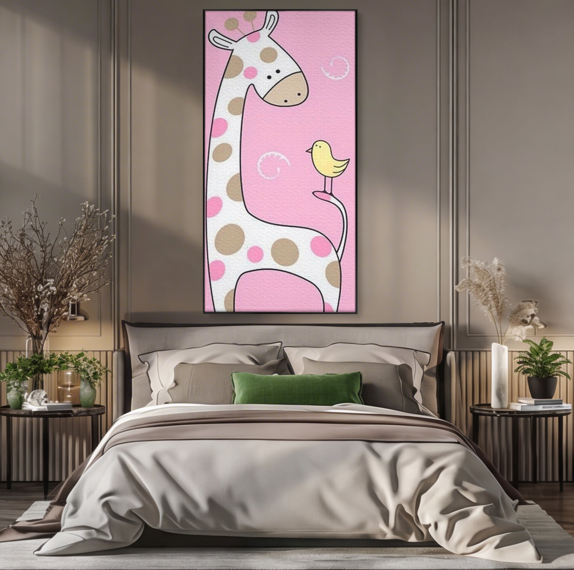 Tablou canvas cu ilustratie cu o girafa si o pasare, in rama de aluminiu negru, pe perete intr-un dormitor